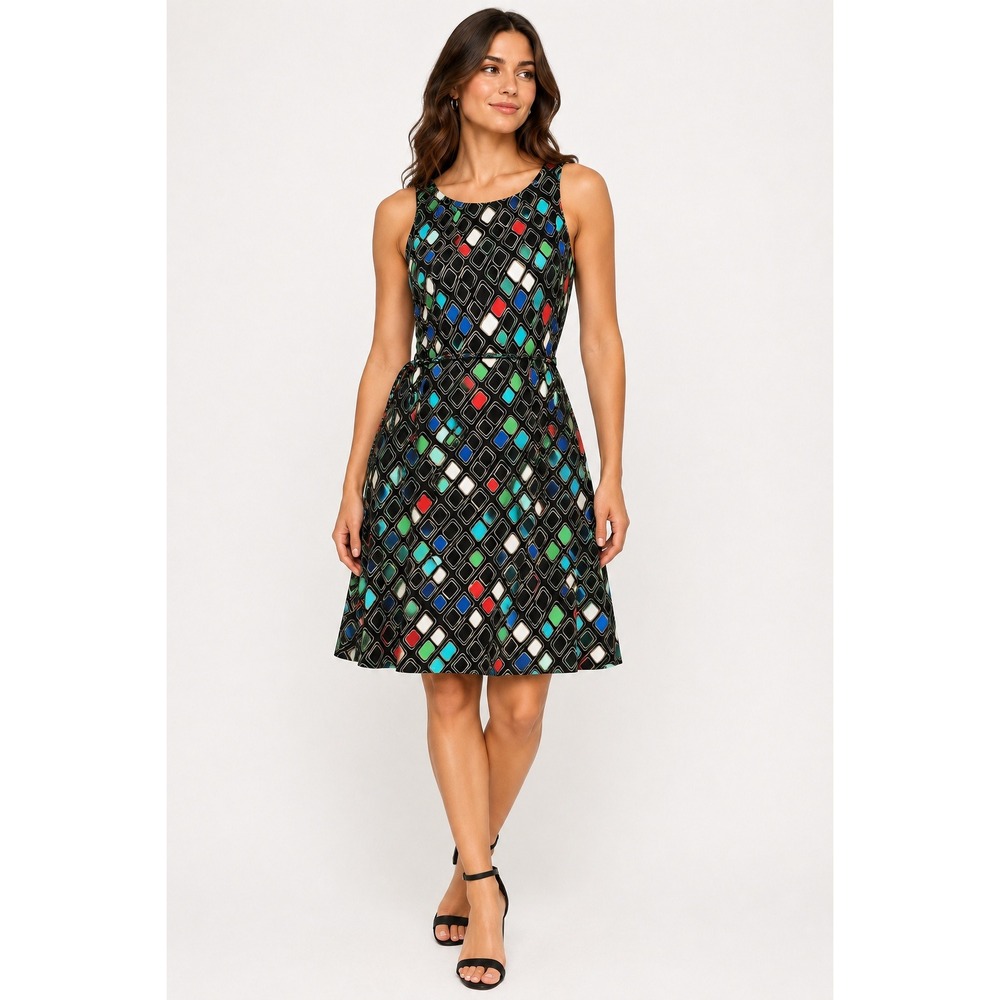 Banana Republic Geometric Print Sleeveless‎ A-Line Tie Waist Dress Black Multi S